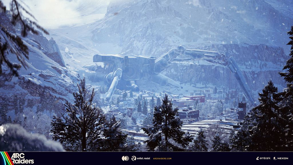 A snowbound mountain settlement beneath high peaks, with a massive fallen ARC machine spanning the valley.
