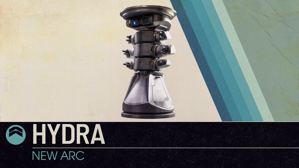 The Hydra, a tall stacked ARC turret with blue sensor lights and multiple weapon barrels, shown on its official enemy card.