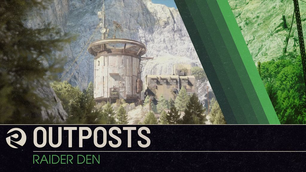 A remote Raider Outpost, including a cylindrical tower and scattered structures at the foot of rocky mountains.