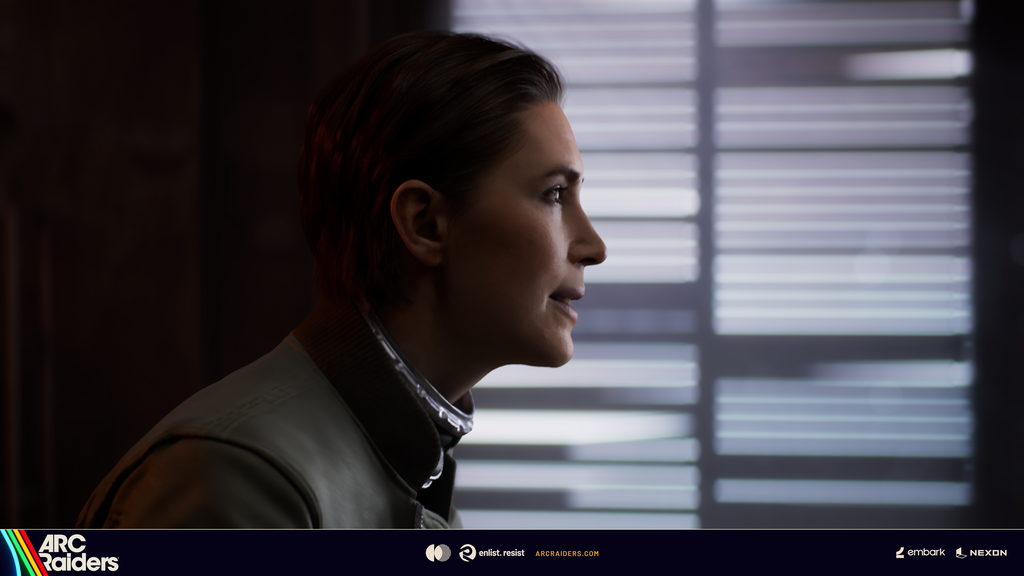 Celeste in profile indoors, with window blinds behind her, in an official ARC Raiders cinematic still.